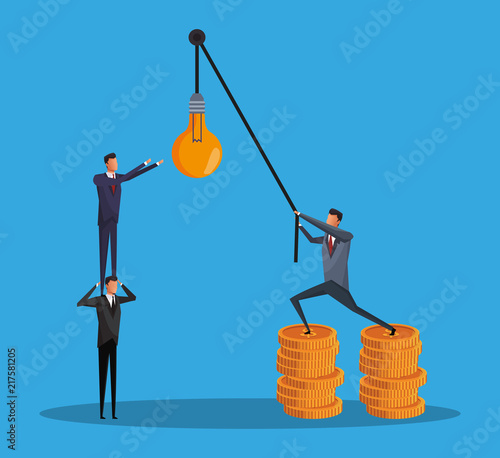 Businessman pulling bulb with rope and teamwork helping vector illustration graphic design