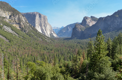 panorama of Yosemite valley, framed by granite monoliths of El Capitan and Half Dome Tunnel View, Wawona road, California