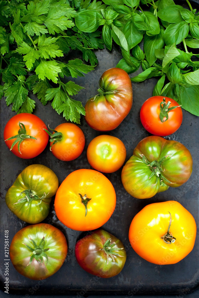 Fototapeta premium Fresh tomatoes on dark background. Top view