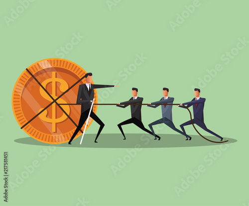 Businessman and teamwork pulling coin with rope vector illustration graphic design