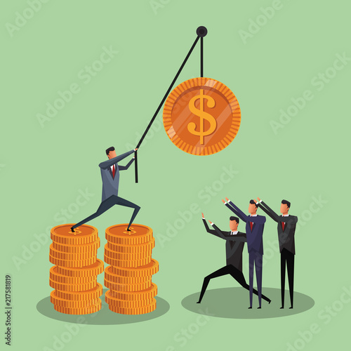 Businessmens pulling coin with rope vector illustration graphic design