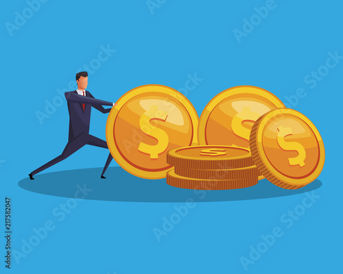 Businessman holding big coins cartoons vector illustration graphic design