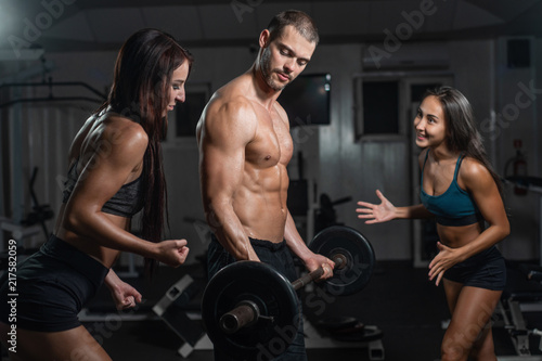 group with dumbbell weight training equipment on sport gym.