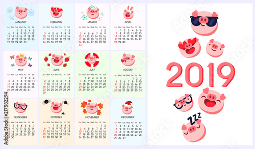 Pig emoji, emoticon calendar 2019 year of pig. Vector Chinese Zodiac Sign Year of Pig,Red paper cut pig,Happy Chinese New Year 2019 year of the pig