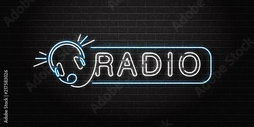 Vector realistic isolated neon sign of Radio logo with headset for decoration and covering on the wall background. Concept of on air, broadcasting and dj.