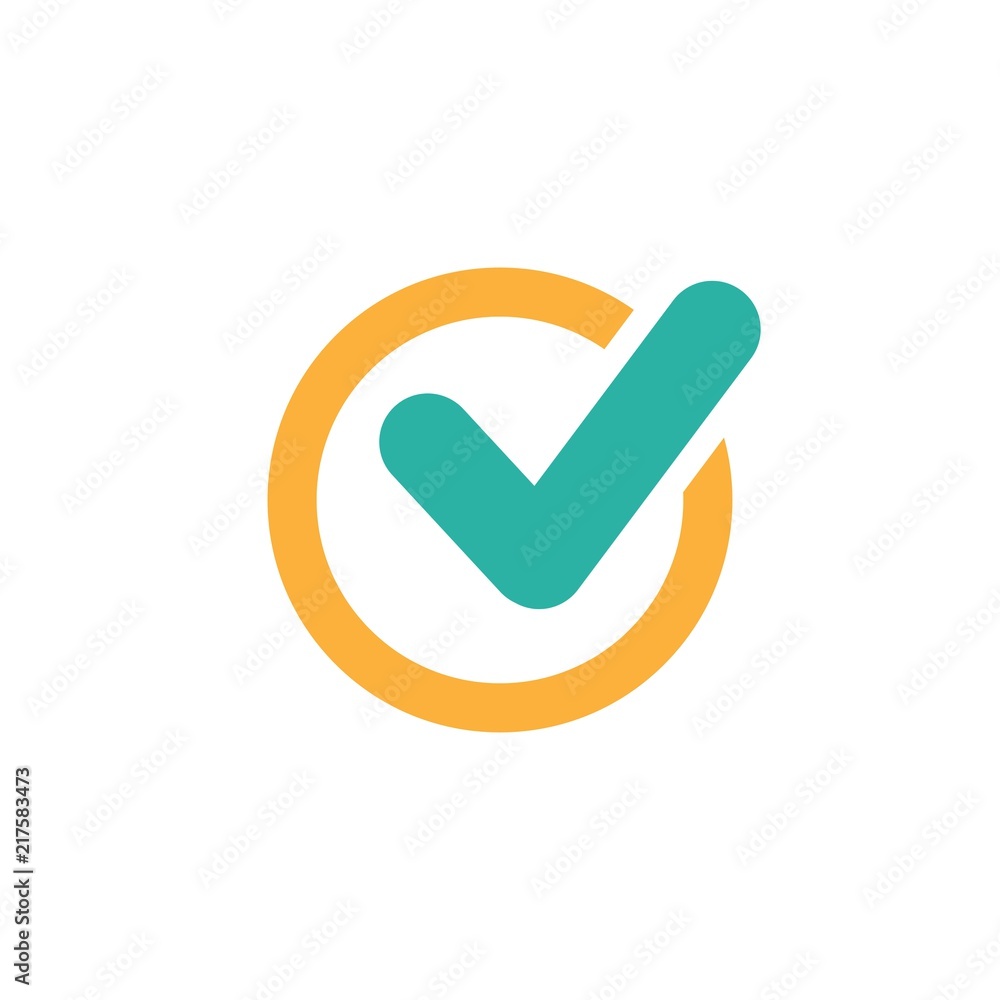 Check Mark. Valid Seal icon. blue rounded tick in orange circle. Flat OK sticker icon. Isolated on white. Check Mark. Valid Seal icon. blue rounded tick in orange circle. Flat OK sticker icon. Isolated on white.