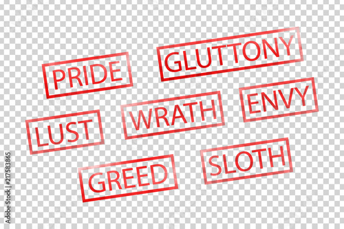 Photo Vector realistic isolated red stamps of seven deadly sins for decoration and covering on the transparent background