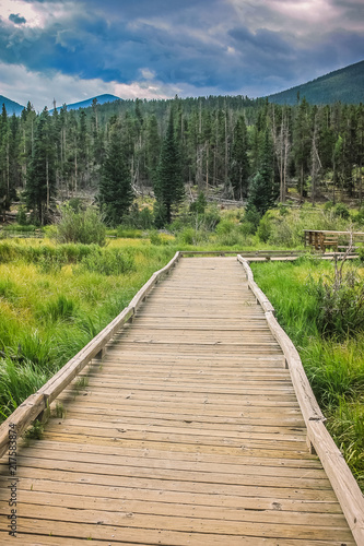 Wooden Boardwalk near Sprague Lake in Rocky Mountain National Park, Colorado