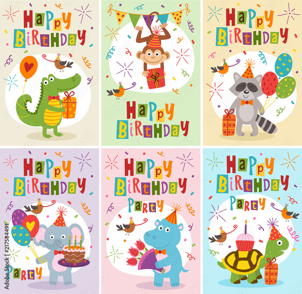 Fototapeta premium set of greeting cards Happy Birthday with funny animals - vector illustration, eps