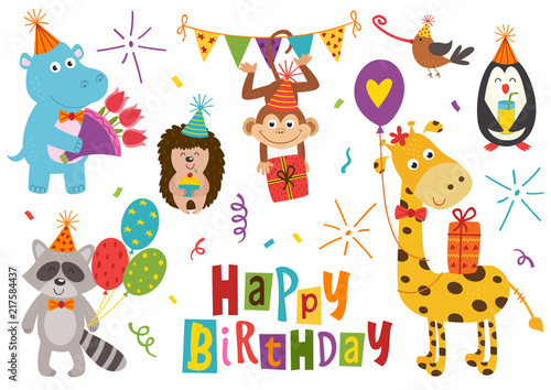 Canvas Print set of isolated funny animals for Happy Birthday design part 1 - vector illustra