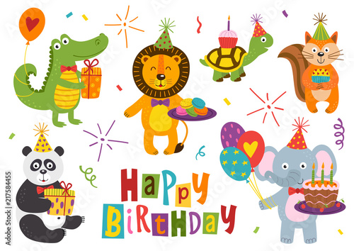 set of isolated funny animals for Happy Birthday design part 2 - vector illustration  eps