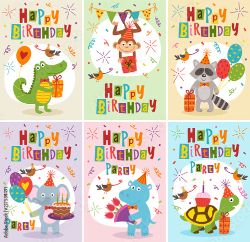 Photography set of greeting cards Happy Birthday with funny animals - vector illustration, e