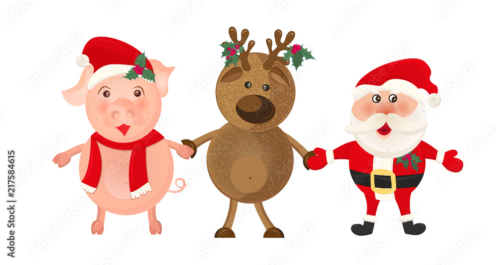 Santa claus and deer on white background. Christmas holiday. Winter cartoon cute card, Merry christmas banner Santa claus and deer on white background. Christmas holiday. Winter cartoon cute card, Merry christmas banner