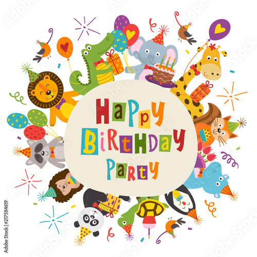 frame Happy Birthday with funny animals - vector illustration  eps