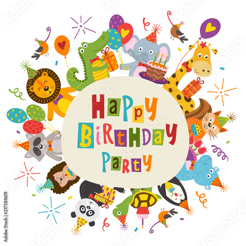 Canvas Print frame Happy Birthday with funny animals - vector illustration, eps