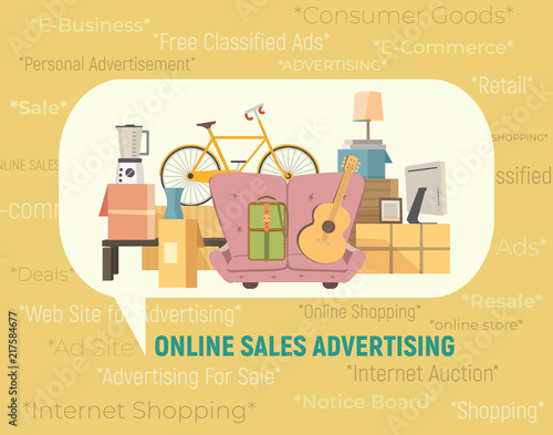 Online store sales icon. Internet shopping e-commerce at website concept. Free classified ads for comsumer goods. Retail advertising board e-business. Notice message for personal things sale, resale