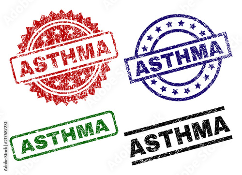 ASTHMA seal prints with corroded style. Black, green,red,blue vector rubber prints of ASTHMA text with corroded style. Rubber seals with round, rectangle, rosette shapes.