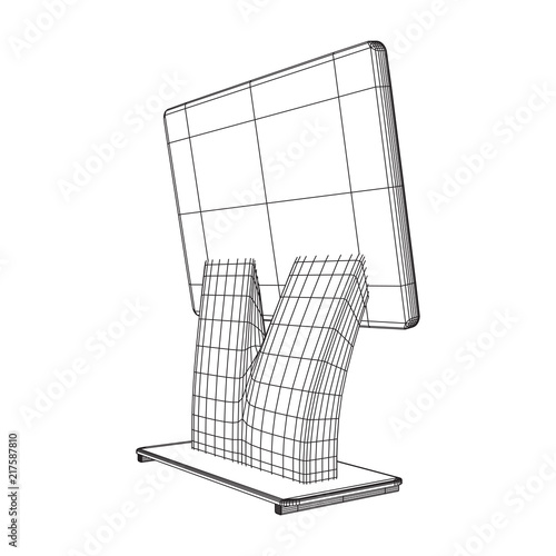LCD Screen Stand. Trade Show Booth. Tv info kiosk wireframe low poly mesh vector illustration