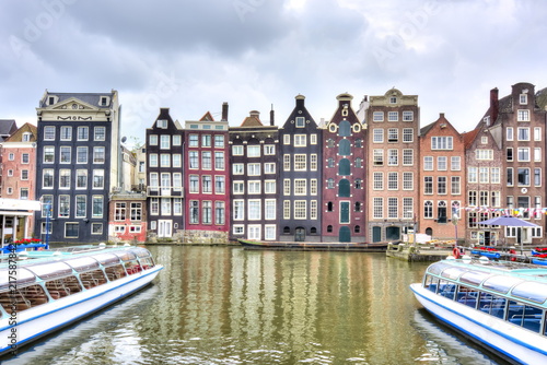 Amsterdam architecture and Damrak canal, Netherlands