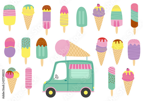set of isolated ice cream and truck - vector illustration, eps