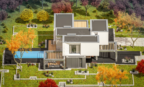 3d rendering of modern cozy house in the garden with garage for sale or rent with beautiful trees on background. Clear sunny autumn day with cloudless sky.