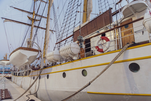 an old passenger ship bound in the harbor