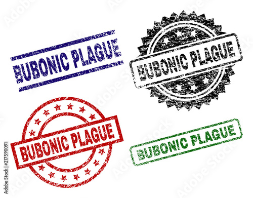 BUBONIC PLAGUE seal prints with damaged texture. Black, green,red,blue vector rubber prints of BUBONIC PLAGUE title with dirty texture. Rubber seals with round, rectangle, medal shapes.