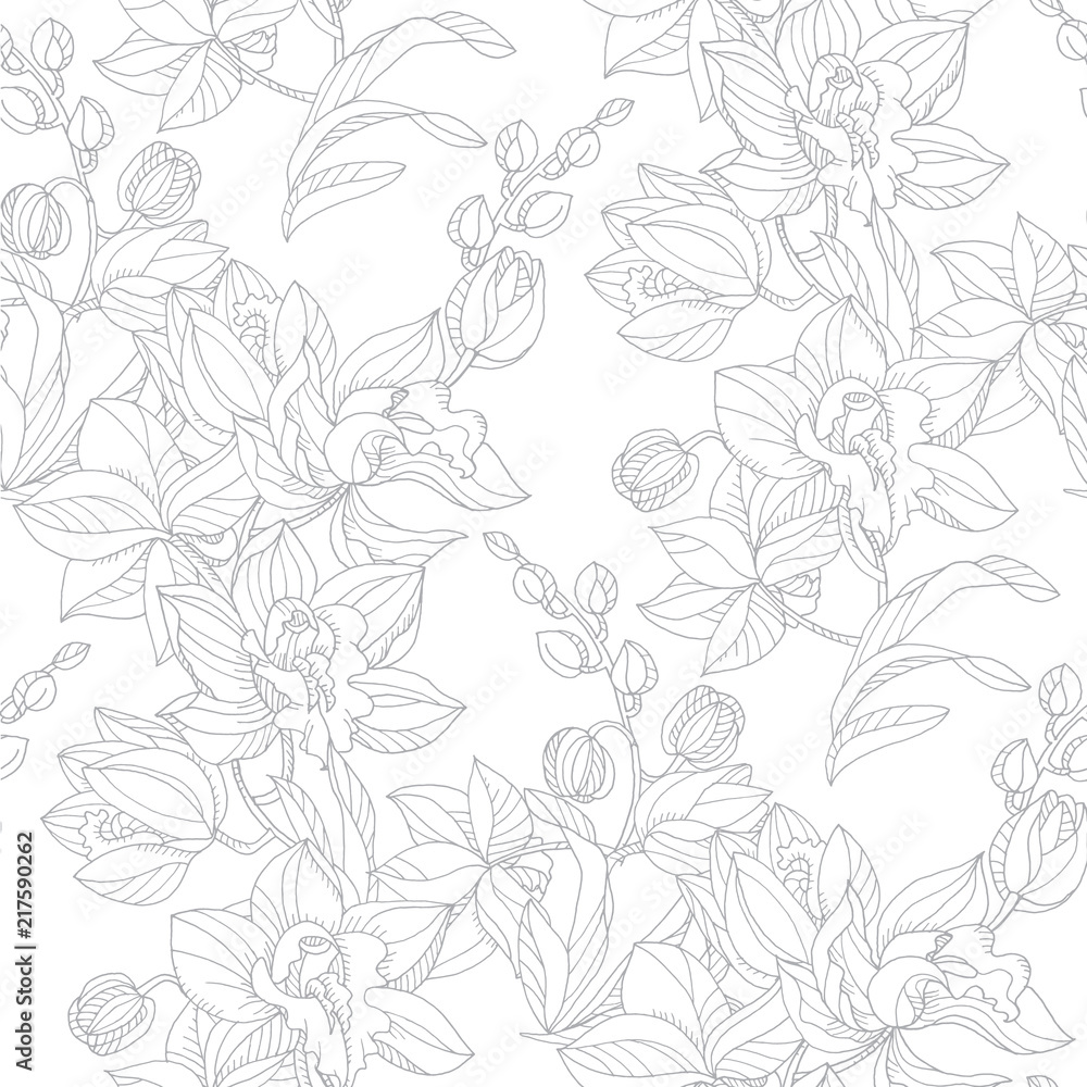 Black and white orchid floral seamless pattern