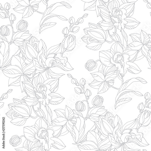 Black and white orchid floral seamless pattern