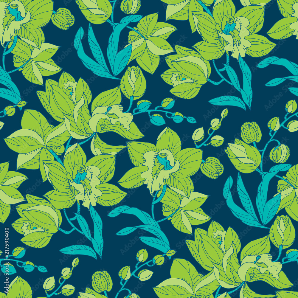 Green and blue orchid floral seamless pattern Green and blue orchid floral seamless pattern