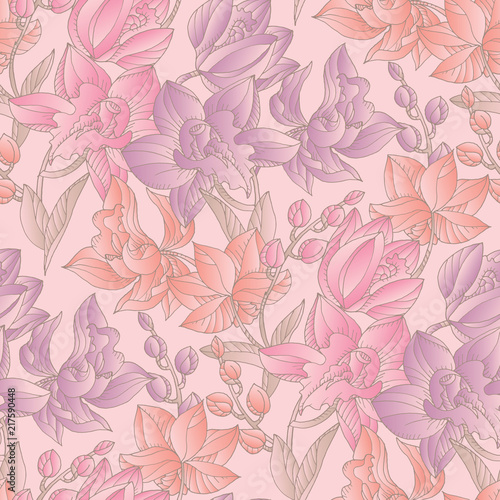 Fototapeta Naklejka Na Ścianę i Meble -  Tender pastel colors orchid floral seamless pattern