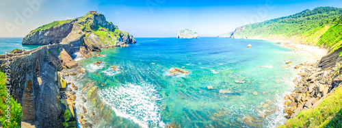 panorama of San Juan de Gaztelugatxe island and Pais Vasco coast, Spain, toned photo