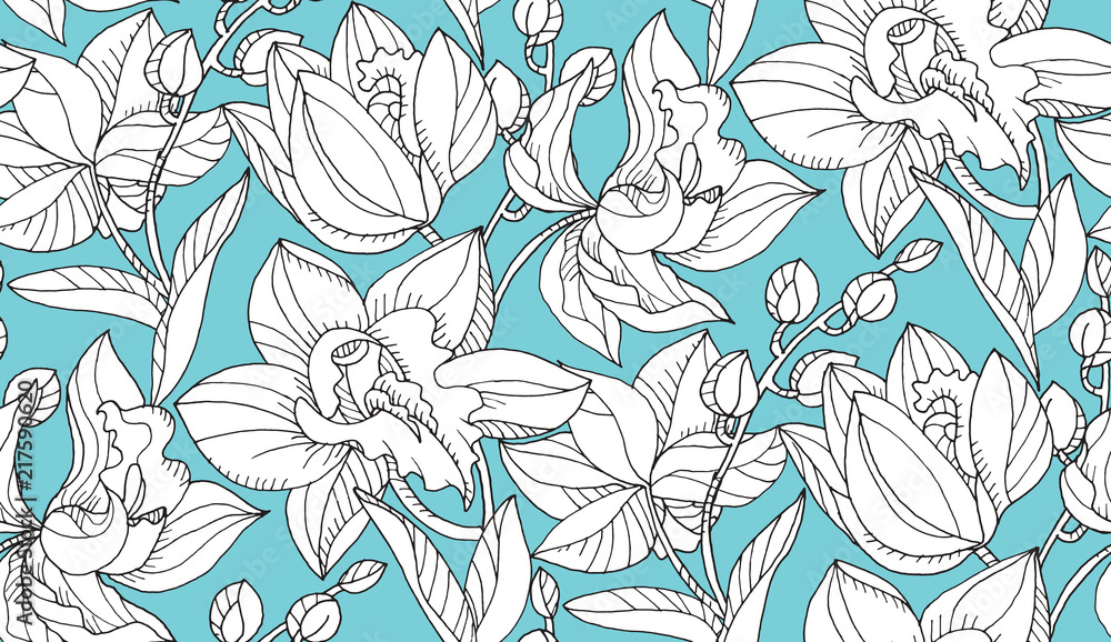 Fototapeta premium Line-art orchid silhouette floral seamless pattern