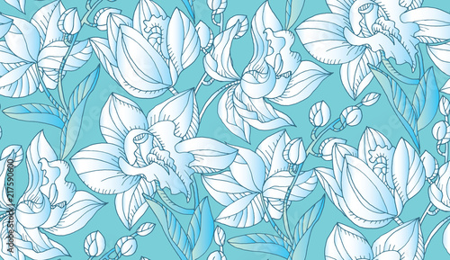 Light blue orchid floral seamless patter