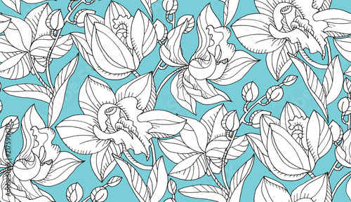 Line-art orchid silhouette floral seamless pattern