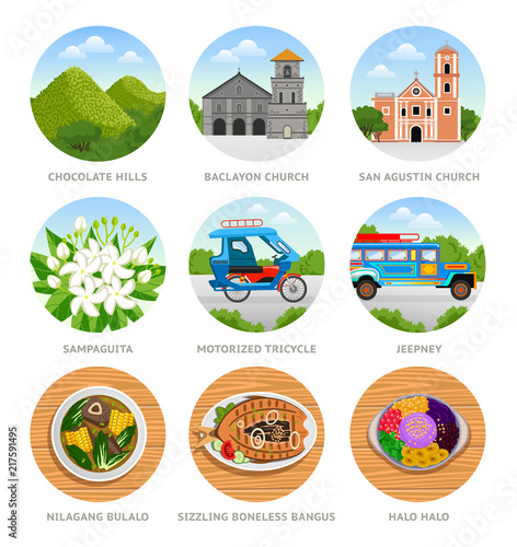 Travel to Philippines. Set of traditional cultural symbols, cuisine, architecture. Collection of colorful vector illustrations for the guidebook. Peoples in national dress. Flat round icons. photo