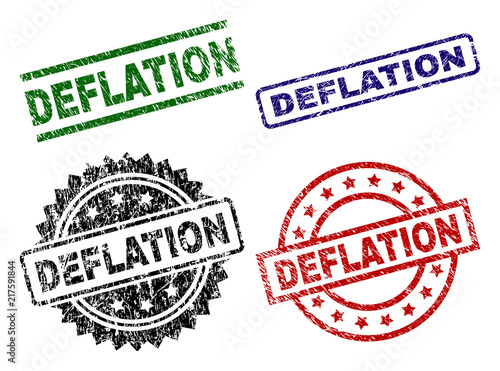 DEFLATION seal prints with distress style. Black, green,red,blue vector rubber prints of DEFLATION tag with scratched style. Rubber seals with round, rectangle, medallion shapes.