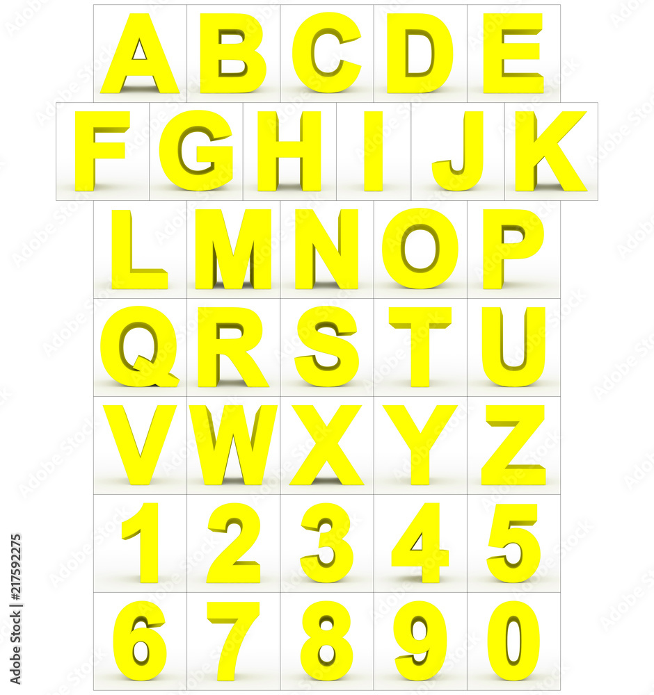 letters and numbers 3d yellow isolated on white letters and numbers 3d yellow isolated on white