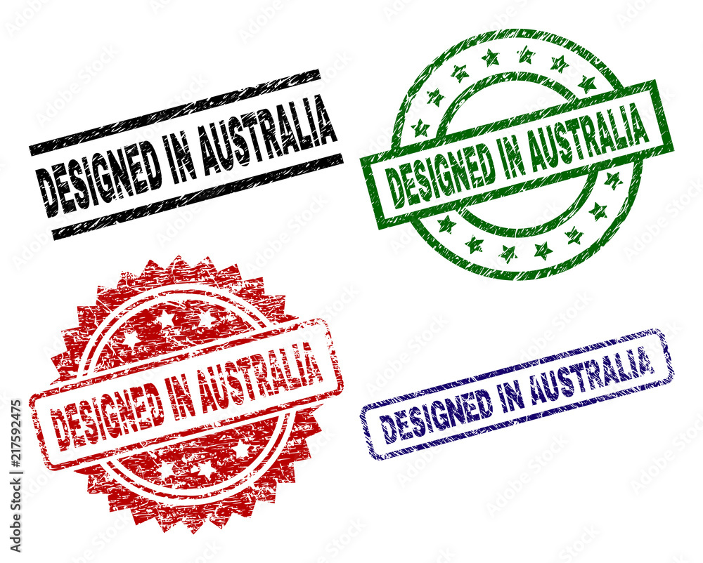 DESIGNED IN AUSTRALIA seal imprints with corroded style. Black, green,red,blue vector rubber prints of DESIGNED IN AUSTRALIA label with corroded style. Rubber seals with round, rectangle, DESIGNED IN AUSTRALIA seal imprints with corroded style. Black, green,red,blue vector rubber prints of DESIGNED IN AUSTRALIA label with corroded style. Rubber seals with round, rectangle,