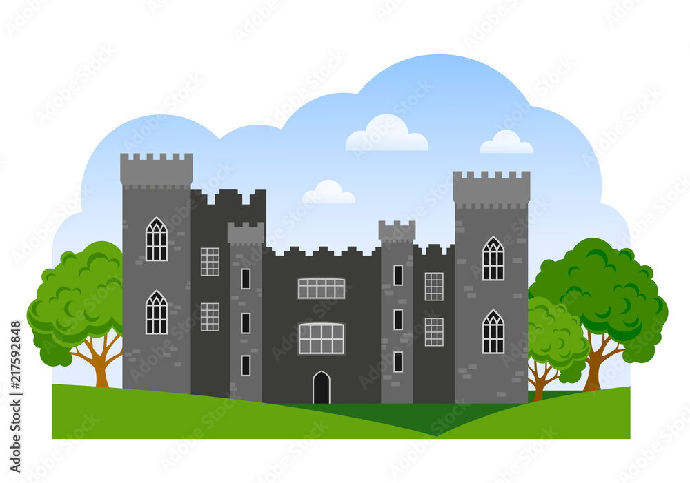 Malahide irish castle. Travel to Ireland. Vector flat illustration.