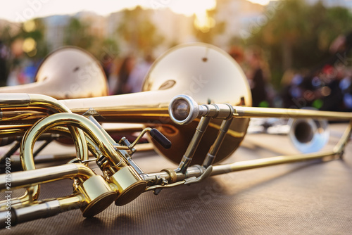 wind instruments lying on a table against a blurred background