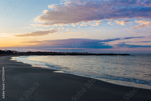 Southern France beach on the mediterranean sea at dawn.