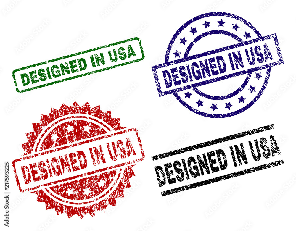 DESIGNED IN USA seal prints with damaged style. Black, green,red,blue vector rubber prints of DESIGNED IN USA text with grunge style. Rubber seals with circle, rectangle, rosette shapes. DESIGNED IN USA seal prints with damaged style. Black, green,red,blue vector rubber prints of DESIGNED IN USA text with grunge style. Rubber seals with circle, rectangle, rosette shapes.