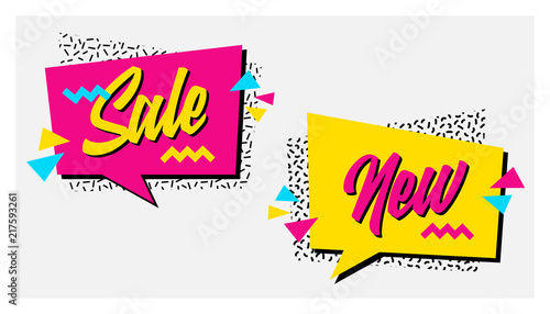 Vector set of memphis style banners with Sale and New labels. Bright geometric shapes and textures. 90s or 80s design template ready to be used in poster, email or advertisement.