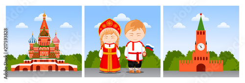Travel to Russia. Woman and man with flag, people in national costumes, Kremlin, Saint Basil Cathedral. Set of flat vector illustrations.