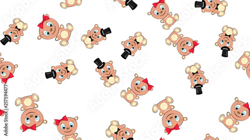 Texture seamless pattern with beautiful cheerful festive bright colorful colored bears fairy children's ladies and gentlemen boy and girl bear cubs joyful. Vector illustration. The background