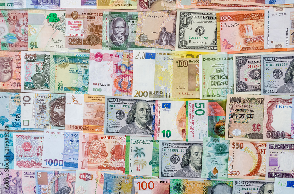 Closeup on banknotes collection from all around world