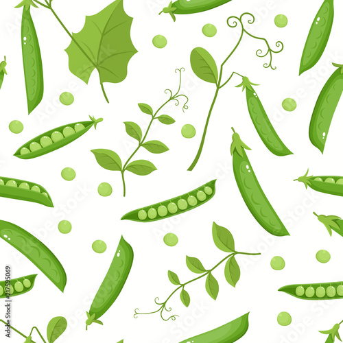 Vector seamless pattern with cartoon pea isolated on white.