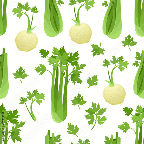 Vector seamless pattern with cartoon celery isolated on white.