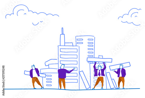 people group construction house skyscraper workers team building process teamwork concept horizontal sketch doodle vector illustration